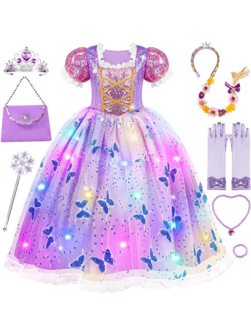 Girls Light Up Princess Costume Dress Halloween Birthday Gift Ages 3-10